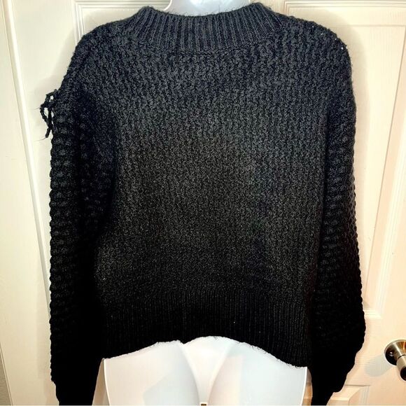 Treasure & Bond Mixed Stitch Balloon Sleeve  Fringe Sweater Black Crew S NWT - Picture 10 of 12